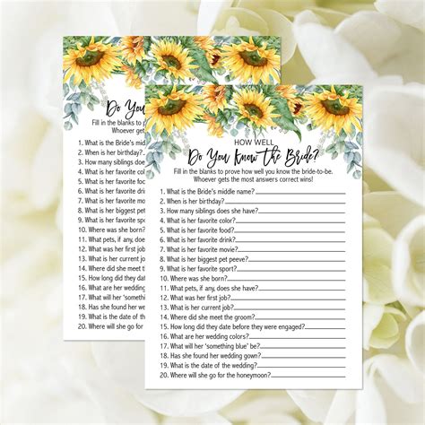 Rustic How Well Do You Know The Bride Game Printable Sunflower Bridal