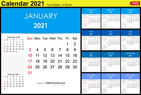 Editable Calendar 2021 Excel