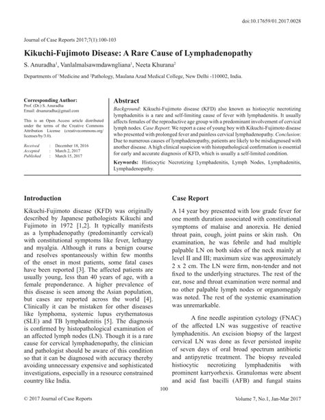 Pdf Kikuchi Fujimoto Disease A Rare Cause Of Lymphadenopathy
