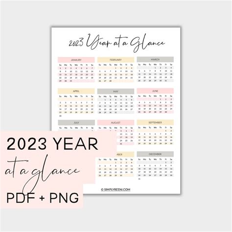 2023 Year At A Glance 2023 Calendar 2023 Printable Calendar Etsy
