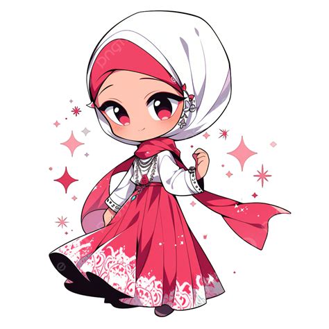 رسم كاريكاتوري لطيف لفتاة إندونيسية مبتسمة رجل حجاب مسلم ملصق نمط زخرفي