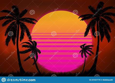 Silhouettes Of Palm Trees And Grass Against The Background Of The