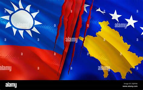 Taiwan And Kosovo Flags With Scar Concept Waving Flag3d Rendering