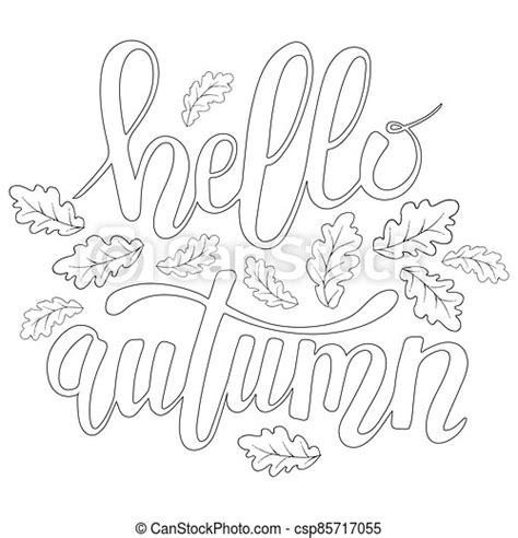 Hello autumn vector coloring book page. handwritten outline lettering