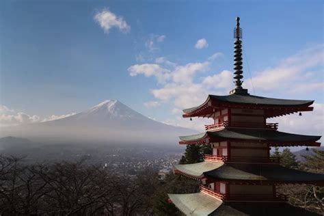 Beautiful View Of Mountain Fuji And Chureito Pagoda With Cherry Blossom