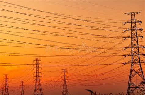Silhouette High Voltage Electric Pylon And Electrical Wire With An