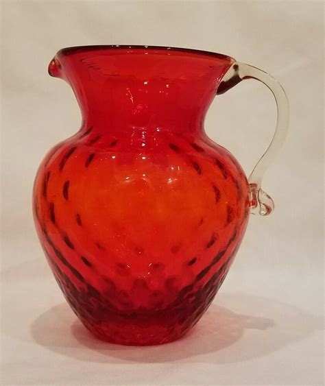 Vintage Pilgrim Art Glass Pitcher Hand Blown Ruby Red Cranberry 6 25 Optic 816 Ebay Glass