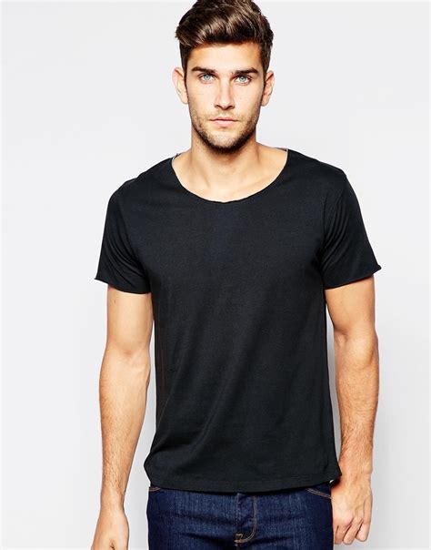 Selected Scoop Neck T Shirt With Raw Edge In Black For Men Lyst