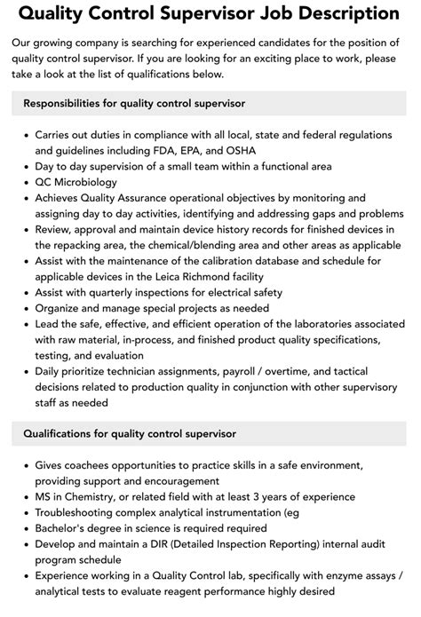 Quality Control Supervisor Job Description Velvet Jobs