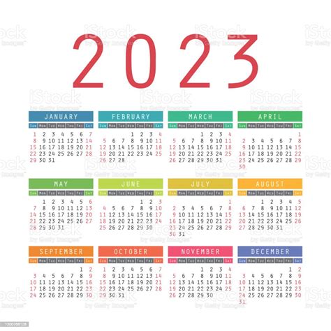 Vetores De Calendário 2023 Ano Inglês Colorido Vetor Quadrado Bolso Ou