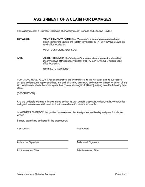 Claim Assignment Agreement Template