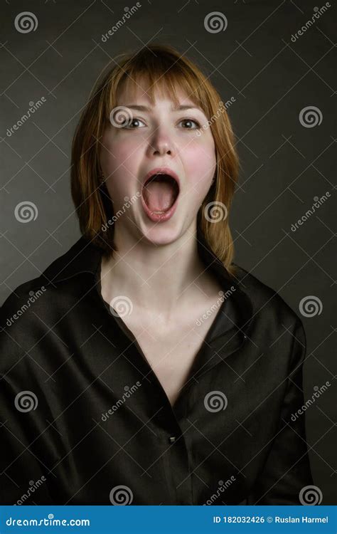 Portrait Of Redheaded Screaming Girls With Mouth Wide Open Stock Photo Image Of Anxiety Anger