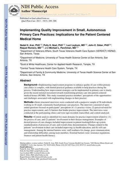 Pdf Implementing Quality Improvement In Small Autonomous Primary