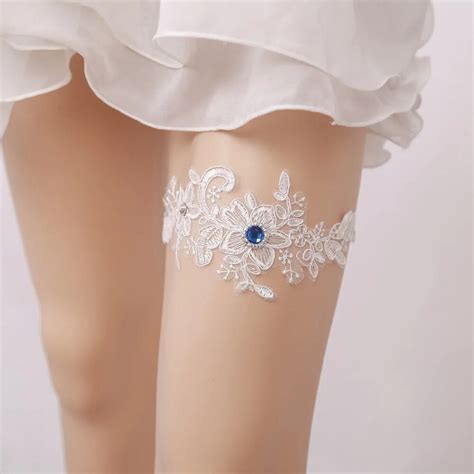 Wedding Garter Blue Rhinestone White Embroidery Floral Sexy Garters For Womenfemalebride Thigh
