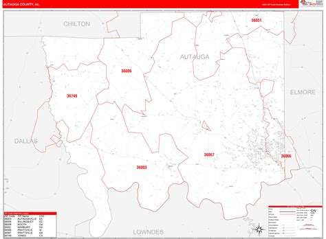 Autauga County, AL Zip Code Wall Map Red Line Style by MarketMAPS