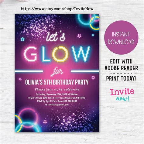Glow Party Invitations Instant Download Glow In The Dark Party