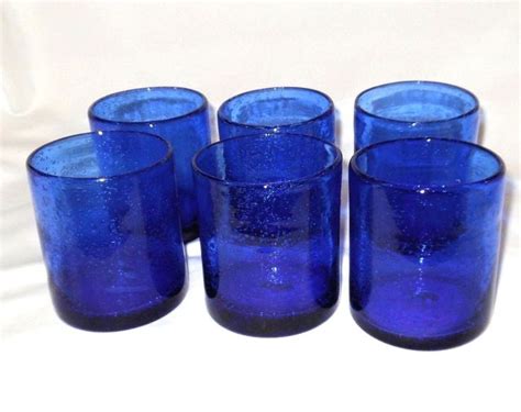 Hand Blown Glass Tumblers Cobalt Blue Bubbles Set Of 6 Mexico Drinking Rocks Lot Glass Blowing