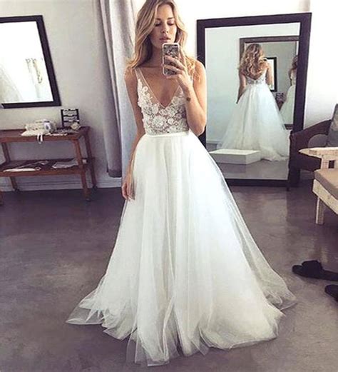 White V Neck Tulle Lace Long Prom Dress White Evening Dress · Dreamy