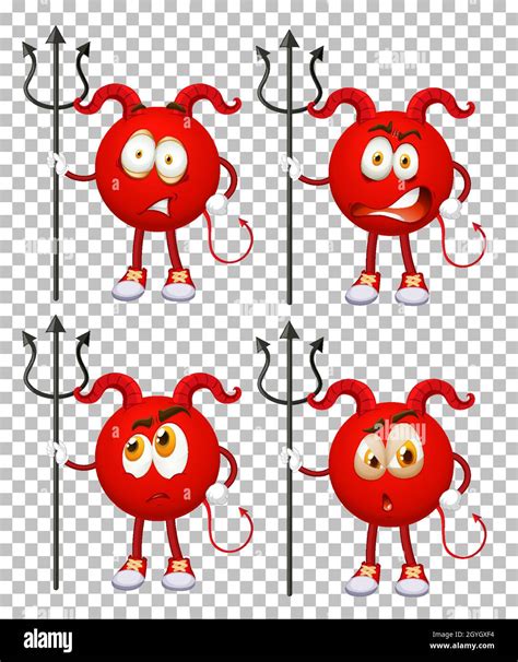 Set Of Red Devil Cartoon Character With Facial Expression On