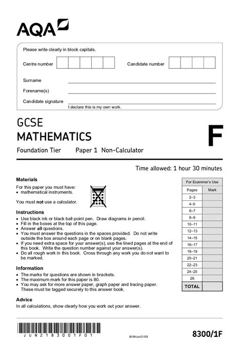 AQA GCSE MATHEMATICS Foundation Tier Paper Non Calculator Question Paper Browsegrades
