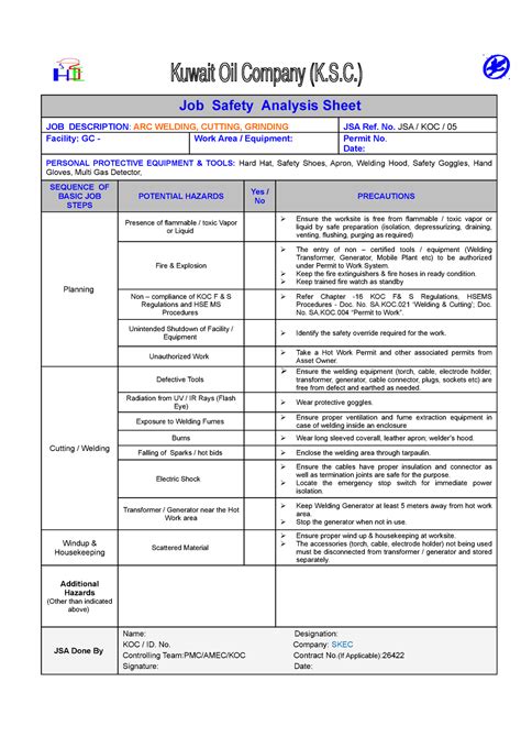 Jsa Electric Welding Job Safety Analysis Sheet Job