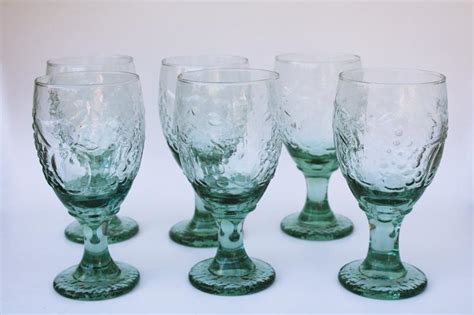 Spanish Green Glass Wine Or Water Goblets Orchard Fruit Pattern Libbey Glasses