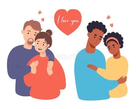 Happy Couples In Love Cute Fair Skinned And Dark Ethnicity Pairs Vector Illustration In Flat