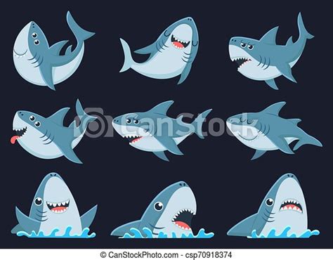 Ocean Shark Mascot Scary Sharks Animals Smiling Jaws And Swimming