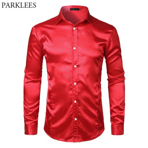 Men S Slim Fit Silk Satin Dress Shirts Wedding Groom Stage Prom Shirt Men Long Sleeve