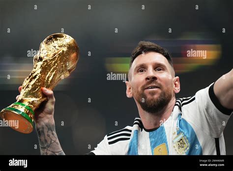 Lusail Qatar 18122022 Lionel Messi Of Argentina With The World Cup Trophy During The Fifa