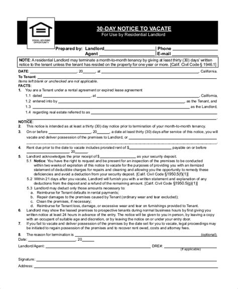 Free 9 Sample 30 Day Notice Forms In Pdf Ms Word