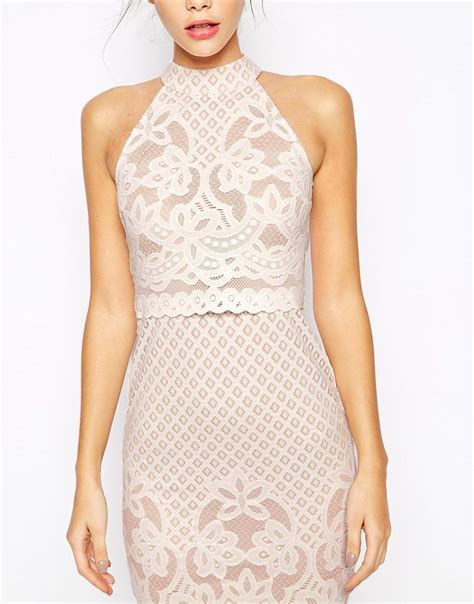 Asos Petite Bodycon Dress In Lace With High Neck At High