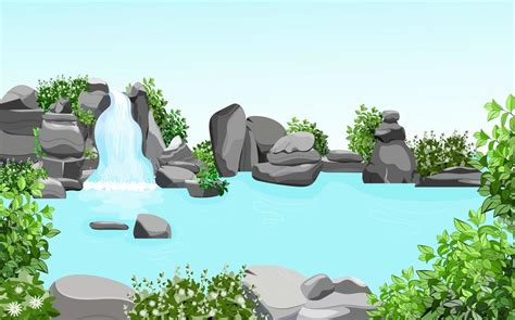 Set Of Natural Tropical Landscape With A Waterfall Flowing Between