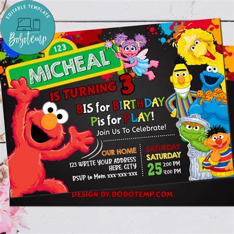 Elmo Birthday Invitation Printed Sesame Street Invite Printable Bobotemp