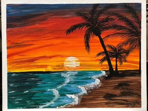 Red Sky Sunset Beach Canvas Board Wall Art Painting 8in X 10 Etsy