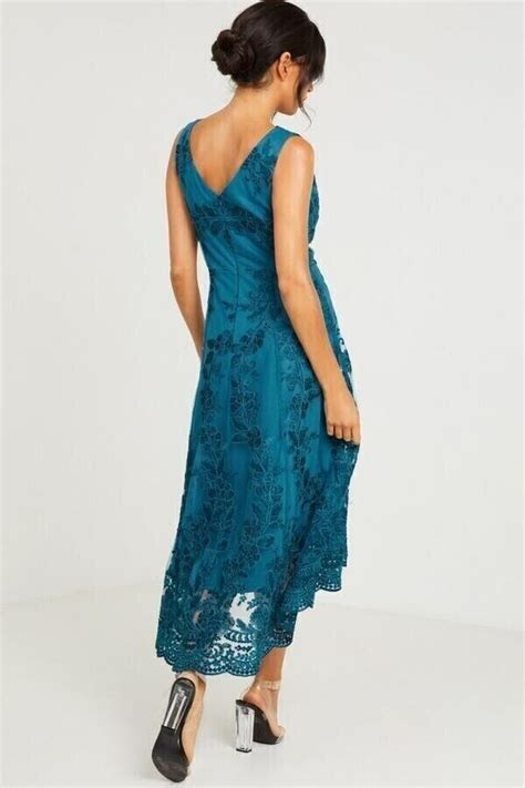 Quiz Size 16 Embroidered Dip Hem Evening Party Cocktail Wedding Guest Dress Teal Ebay