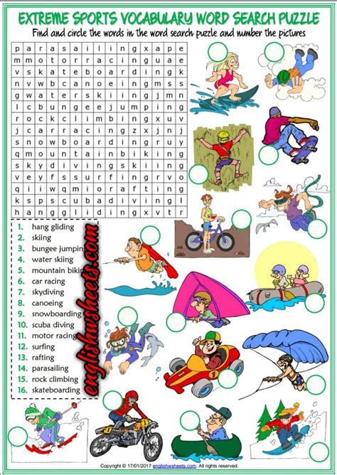 Extreme Sports Esl Printable Word Search Puzzle Worksheet For Kids