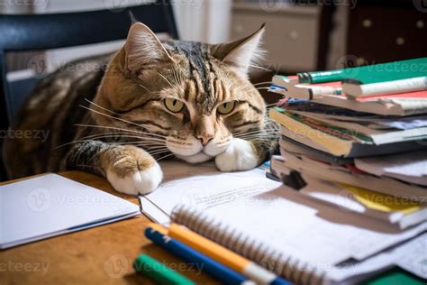 Funny School Cat Doing Homework Generative Ai 22080698 Stock Photo At