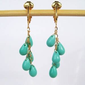 Turquoise Clip On Earrings Glass Teardrop Cascade Gold Clip Earrings