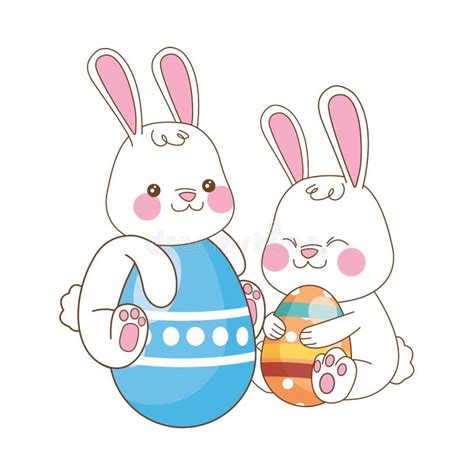 Cute Little Rabbits With Eggs Painted Easter Characters Stock Vector