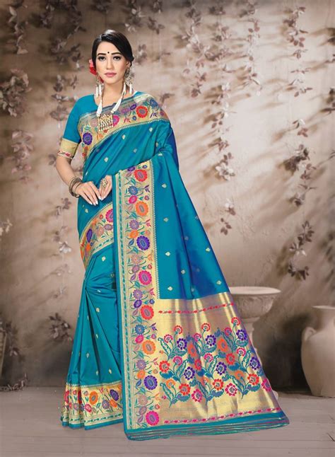 Women Blue Poly Silk Embroidered With Jaqcard Border Designer Saree