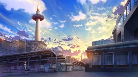Standing Anime Landscape Anime Girls Sky Clouds Sunset Sunset Glow Building Sunlight