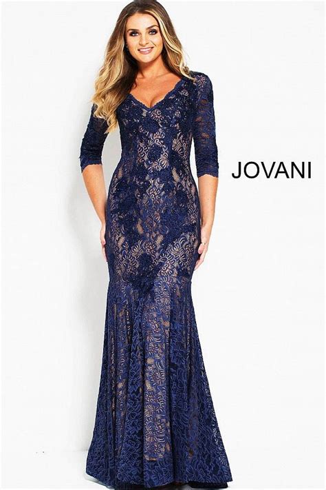 Jovani Navy V Neck Embroidered Lace Evening Dress Prom