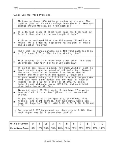 Decimal Word Problems Worksheet For 6th 7th Grade Lesson Planet