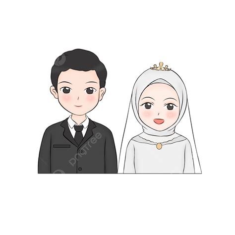 Gambar Gaya Kartun Pasangan Muslim Comel Memakai Pakaian Hitam Dan