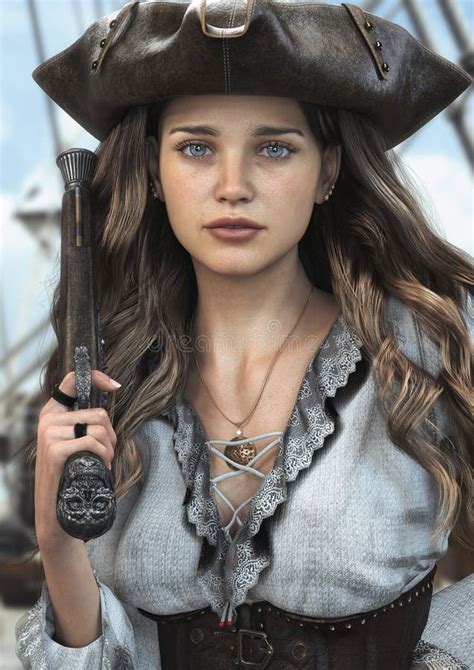 Portrait Of A Female Pirate Sailor Standing On The Deck Of Her Ship Armed And Ready For Battle