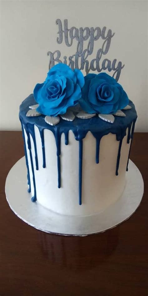Beautiful Royal Blue Drip Happy Birthday Cake Bakning Tårta