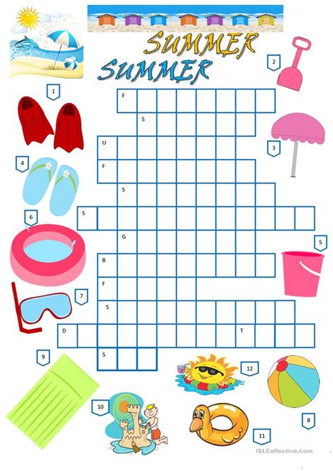 There is an easier, picture crossword option and a more standard type of crossword available. CROSSWORD: SUMMER worksheet - Free ESL printable ...