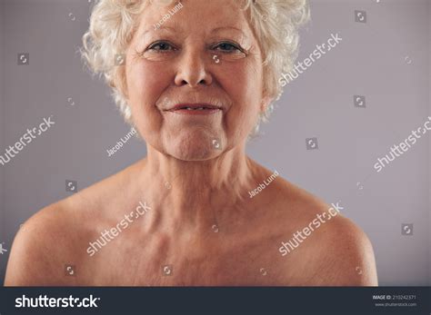 Portrait Naked Old Woman Against Grey Shutterstock