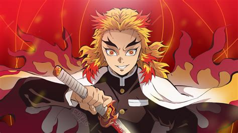Demon Slayer Kyojuro Rengoku With Yellow Hair With Red Background Hd